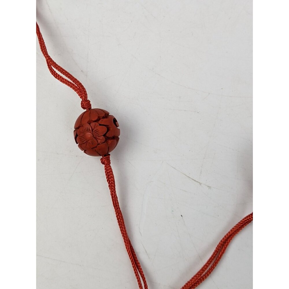 Vintage Cinnabar Carved Floral Heart Pendant Necklace - Picture 2 of 8